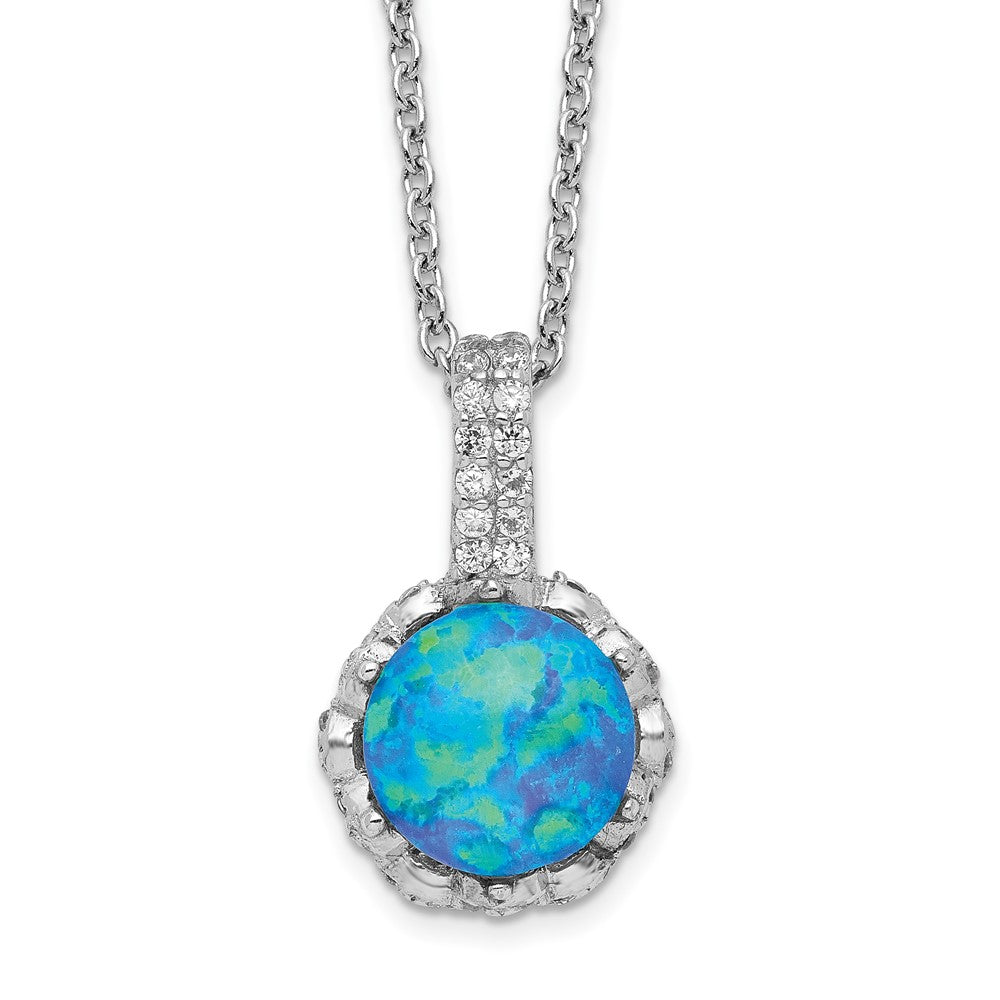 Cheryl M Sterling Silver Rhodium-plated Cabochon Lab Created Blue Opal and Brilliant-cut CZ 18.25 Inch Necklace 18.25 Inches