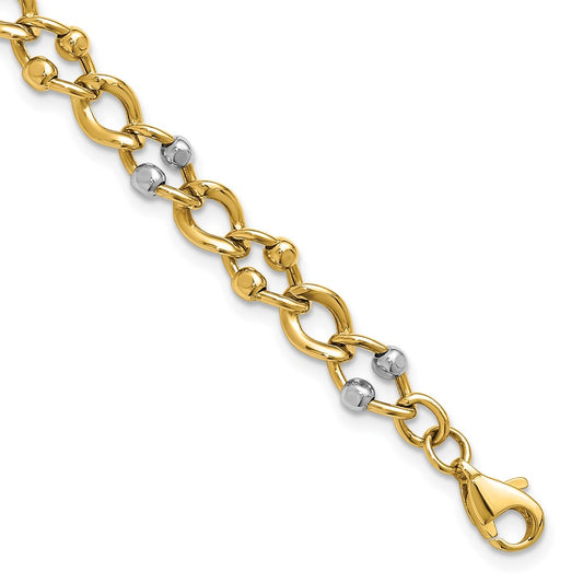 10K Two-tone Polished Fancy Link with Beads Bracelet 7.5  inches