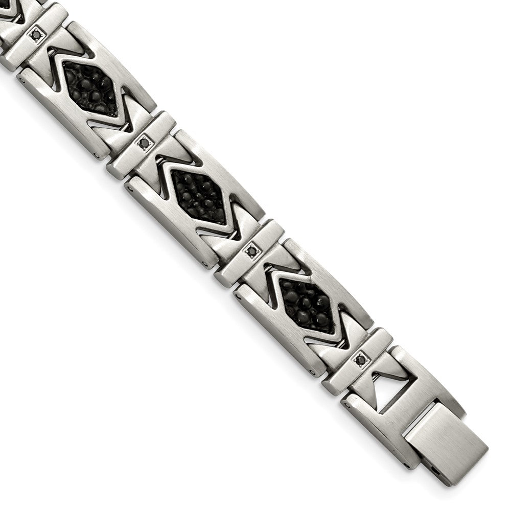Stainless Steel Brushed with Black Leather and Black CZ 8.5in Bracelet 8.5 inches