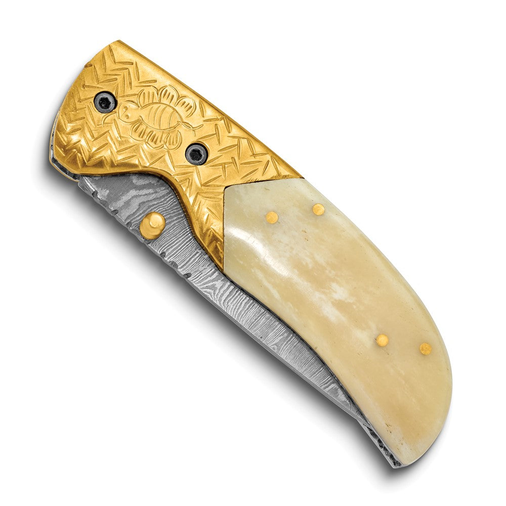 Luxury Giftware by Jere Damascus Steel 256 Layer Folding Blade Camel Bone Handle Knife with Leather Sheath and Wooden Gift Box