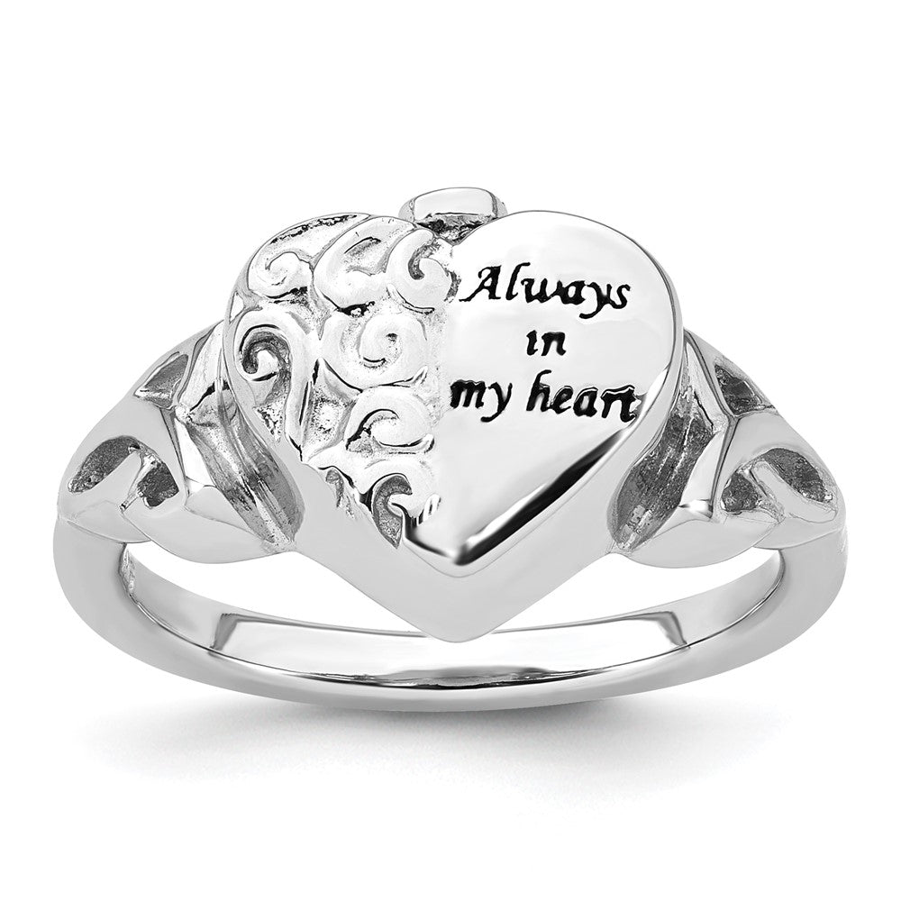Sterling Silver Rhod-plated Enameled Celtic Knot Heart ALWAYS IN MY HEART Ash Holder Size 7 Ring