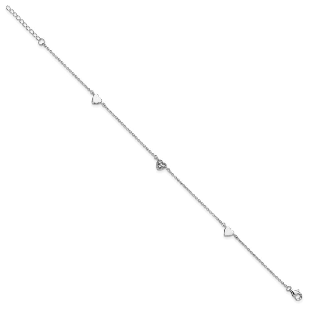 Sterling Silver Rhodium-plated CZ 9in Plus 1in Ext Heart Anklet 9 inches
