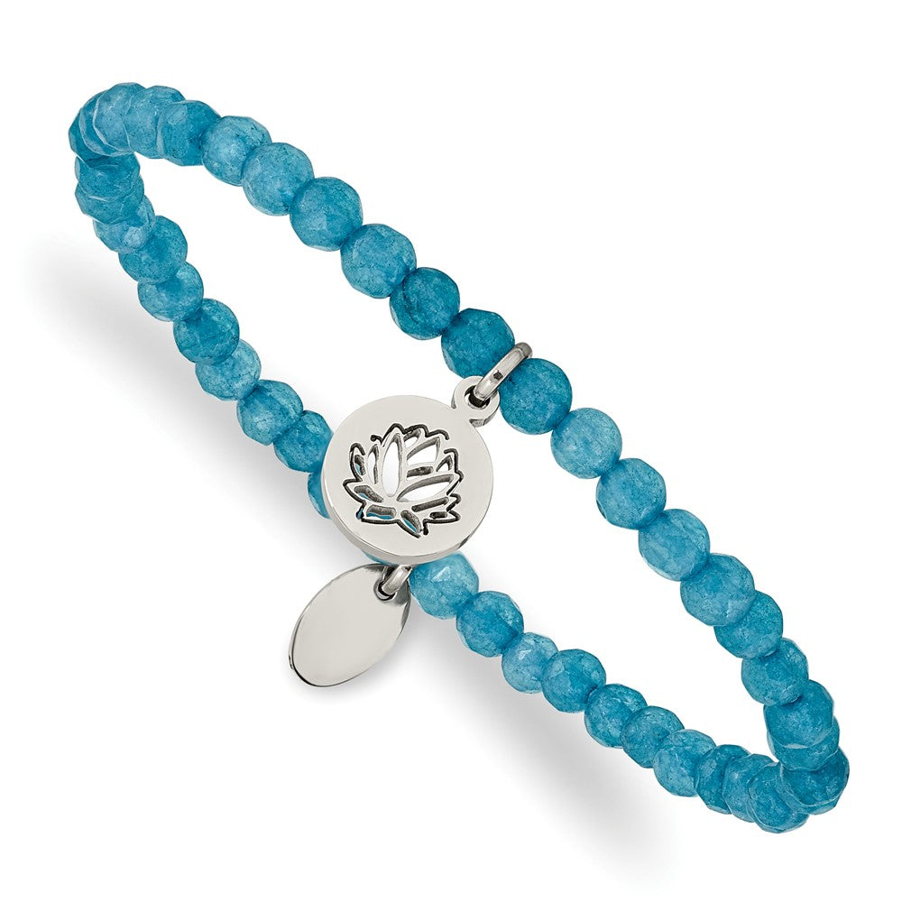 Stainless Steel Polished Lotus Blue Jade Beaded Stretch Bracelet 6.5 inches