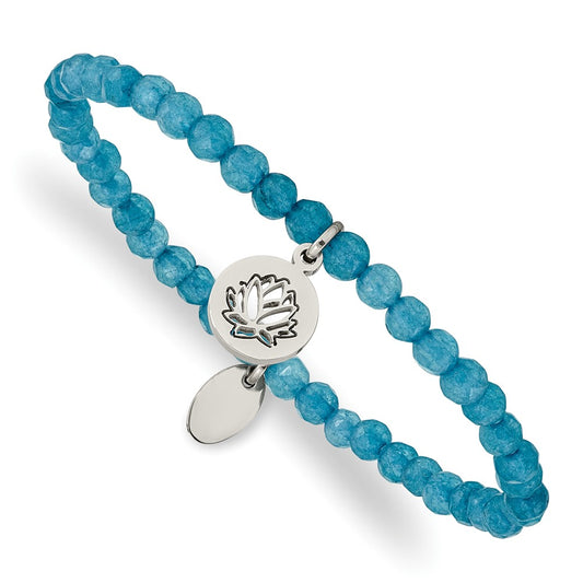 Stainless Steel Polished Lotus Blue Jade Beaded Stretch Bracelet 6.5 inches