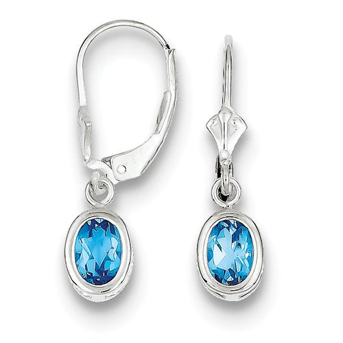 Sterling Silver Rhodium Plated 7x5mm Oval Blue Topaz Leverback Earrings
