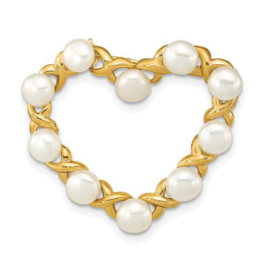 Primal Gold 14 Karat Yellow Gold 4-5mm Button White Freshwater Cultured Pearl Heart Brooch