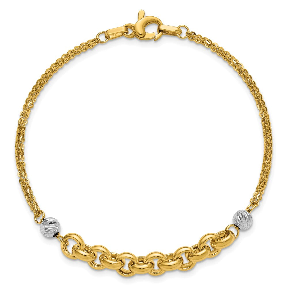 14K w/White Rhodium Polished D/C 2-Strand Rolo Link Bracelet 7.5  inches