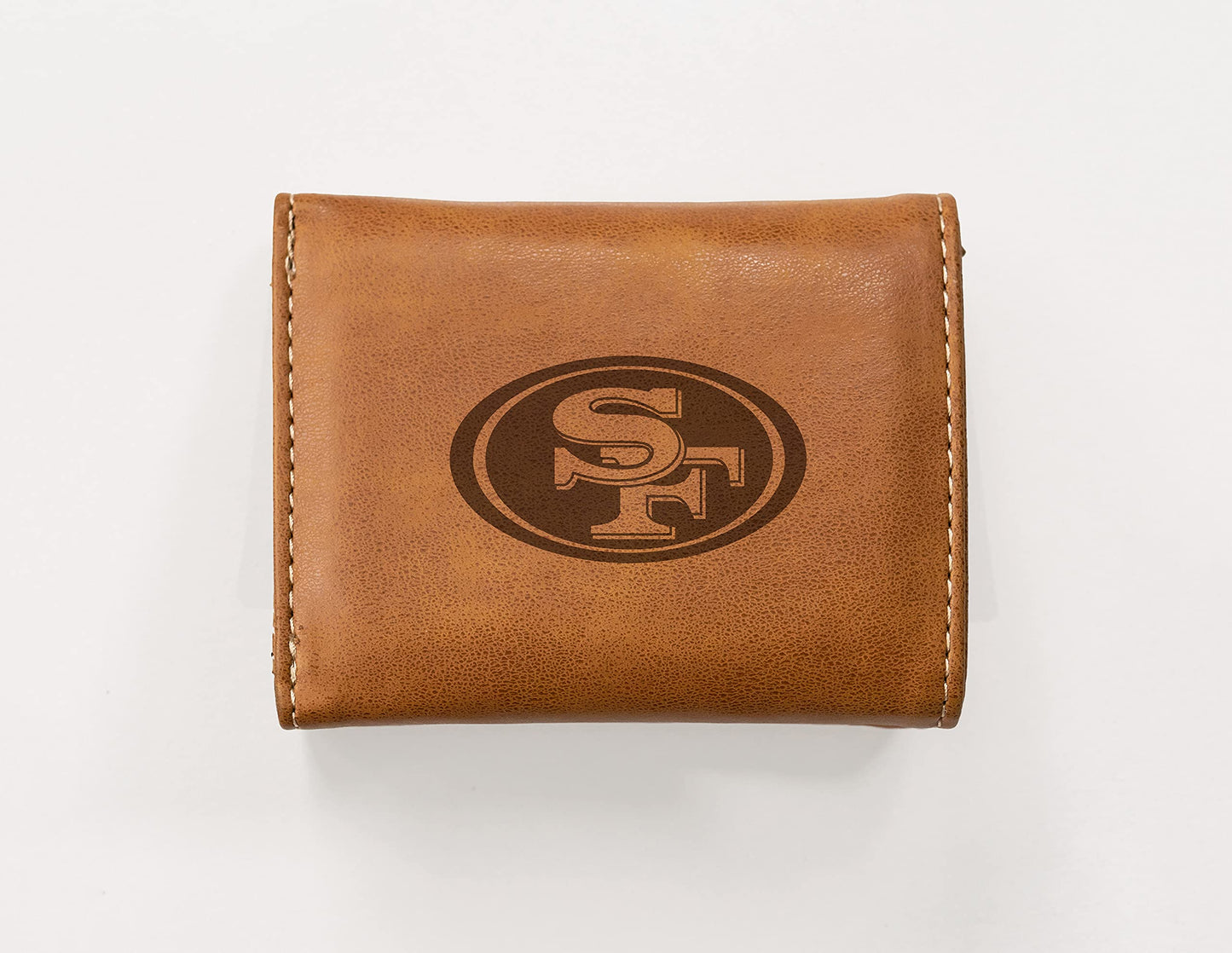 49ERS BROWN FAUX LEATHER LASER ENGRAVED TRIFOLD WITH BLACK LOGO
