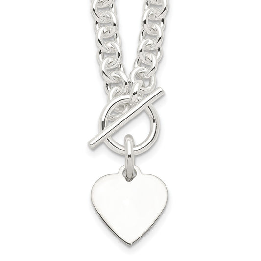 Sterling Silver Engraveable Heart Disc on Fancy Link Toggle 18in Necklace 18 Inches