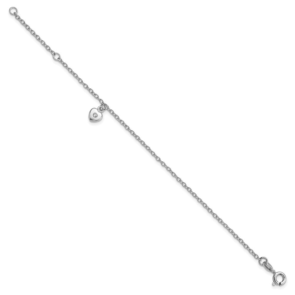 Sterling Silver RH-plated Polished CZ Heart w/ 1in ext. Children's Bracelet 6.5 inches