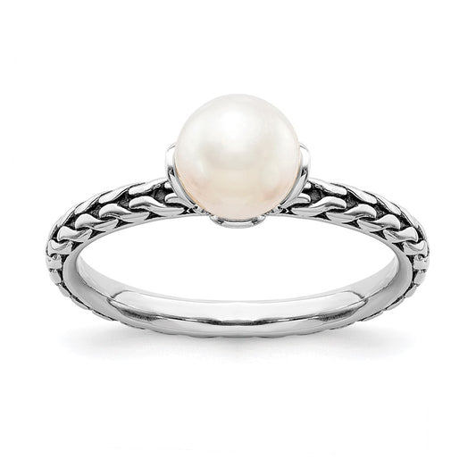 Sterling Silver Stack Exp. 7.0-7.5mm White FW Cultured Pearl Ring Size -7