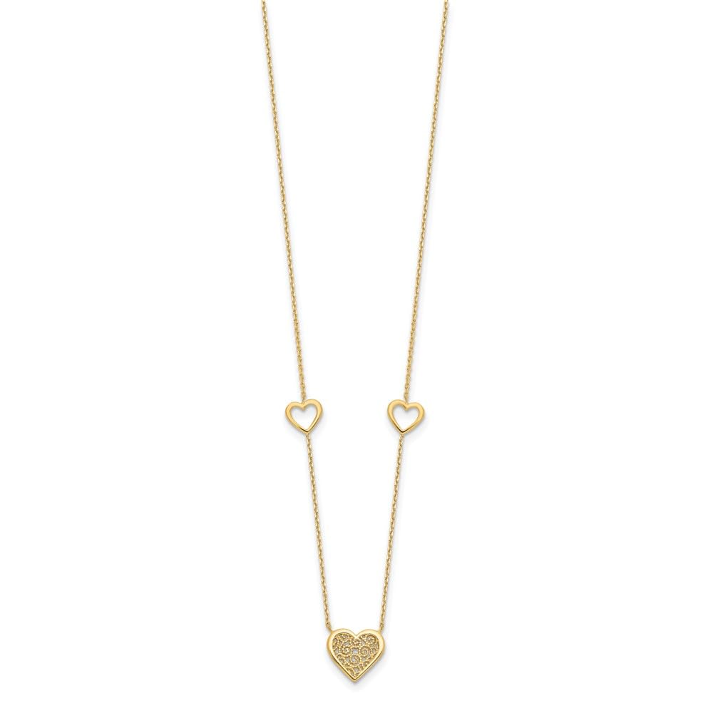 14k Gold Polished and Filigree Heart Stations with 1in. Extension Necklace