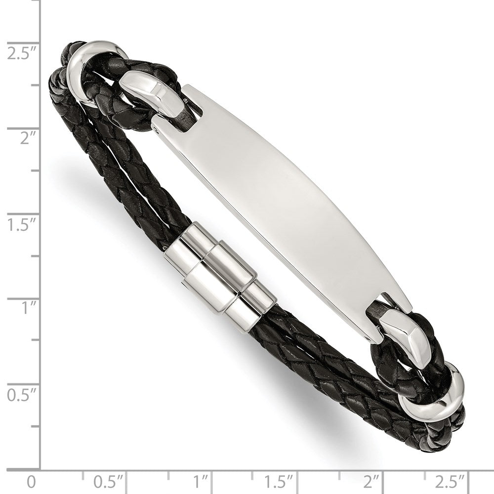 Stainless Steel Polished Black Woven Leather 8.5in ID Bracelet 8.5 inches