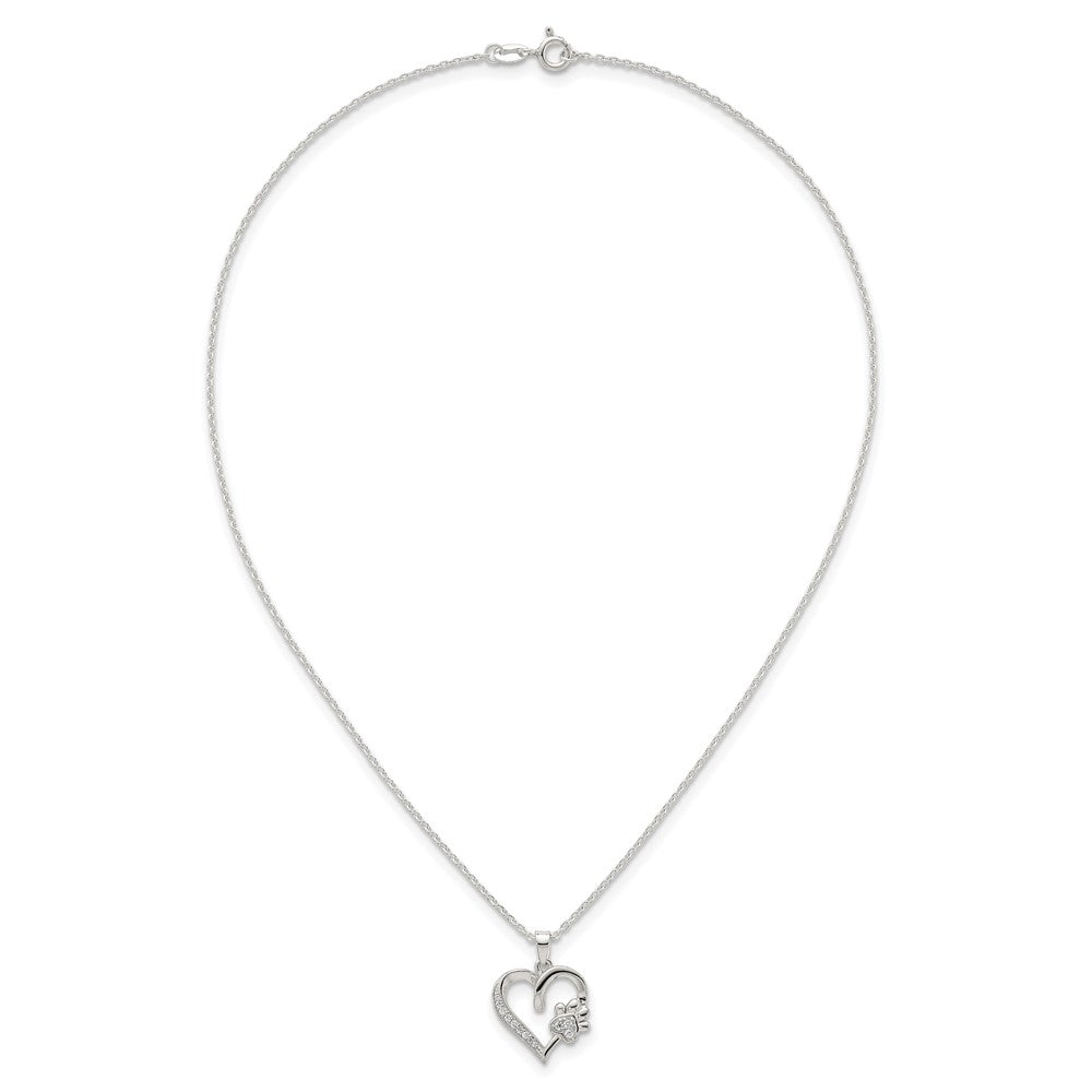 Sterling Silver Polished CZ Heart and Paw Necklace 16 Inches
