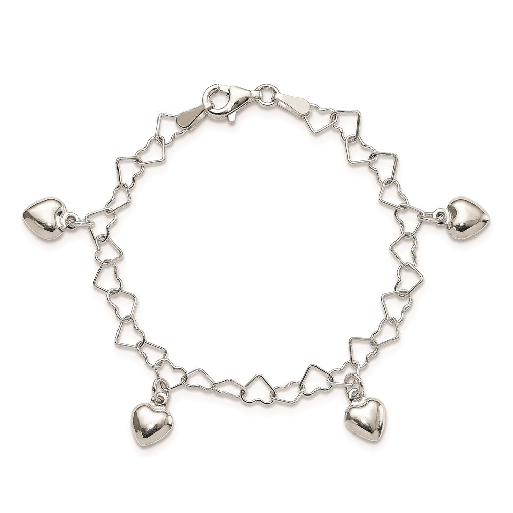 Sterling Silver Polished Dangling Heart Children's Bracelet 6 inches