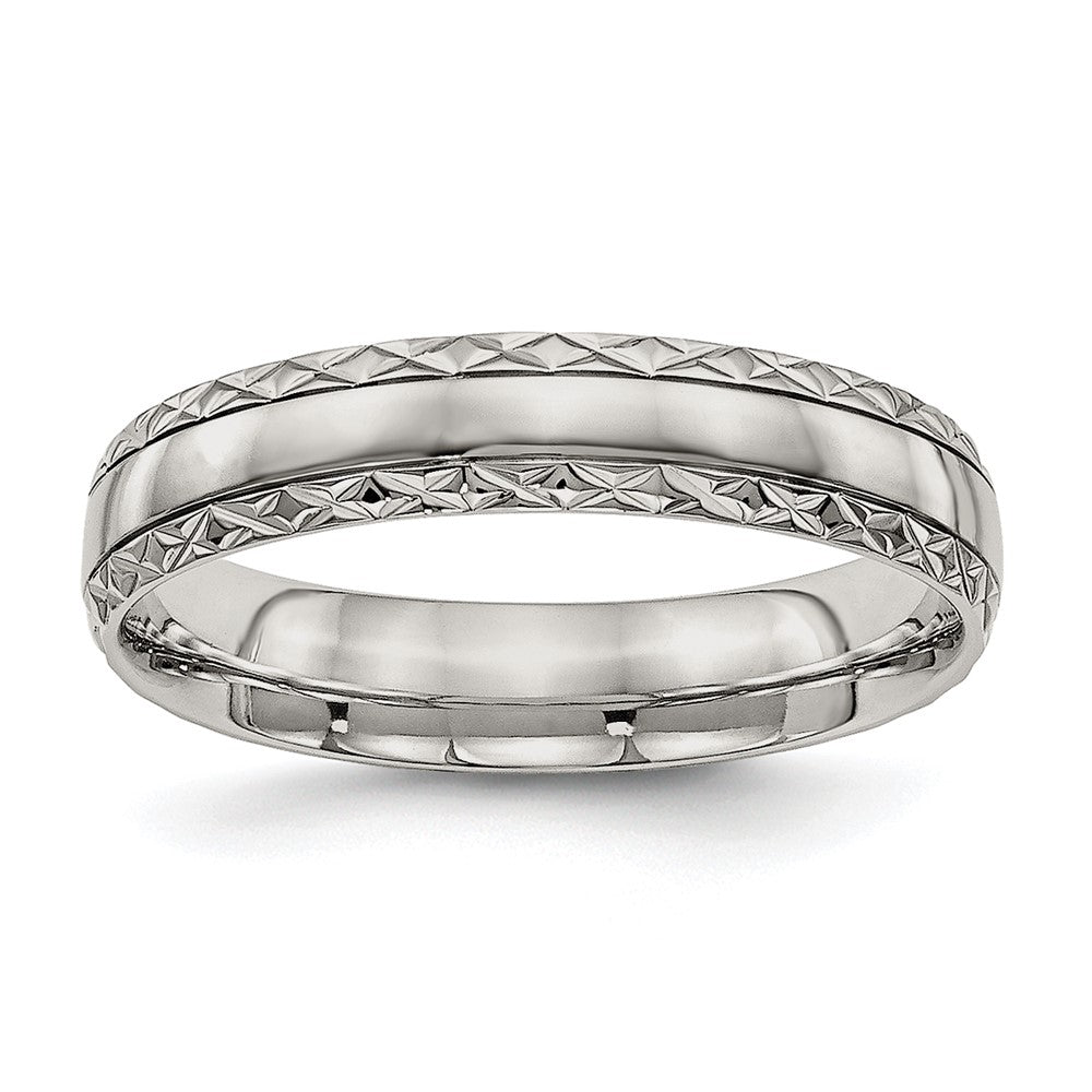 Stainless Steel Polished Satin Center Criss Cross Design 5mm Grooved Band Size - 7