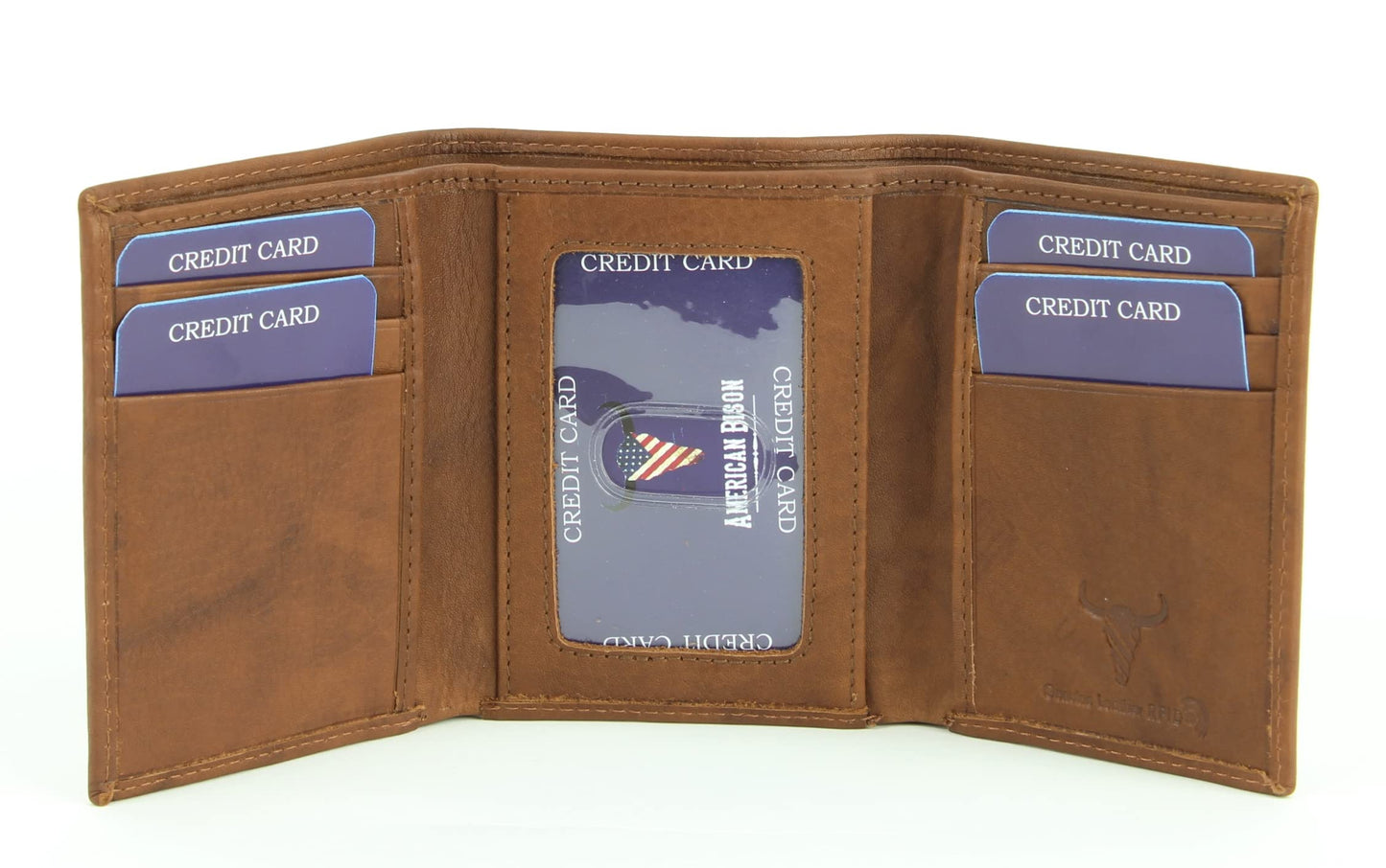 Tan Calf Skin Leather RFID Blocking 6-Slot Trifold Wallet with ID Window