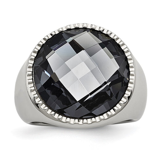 Stainless Steel Polished Grey Glass Ring Size - 8