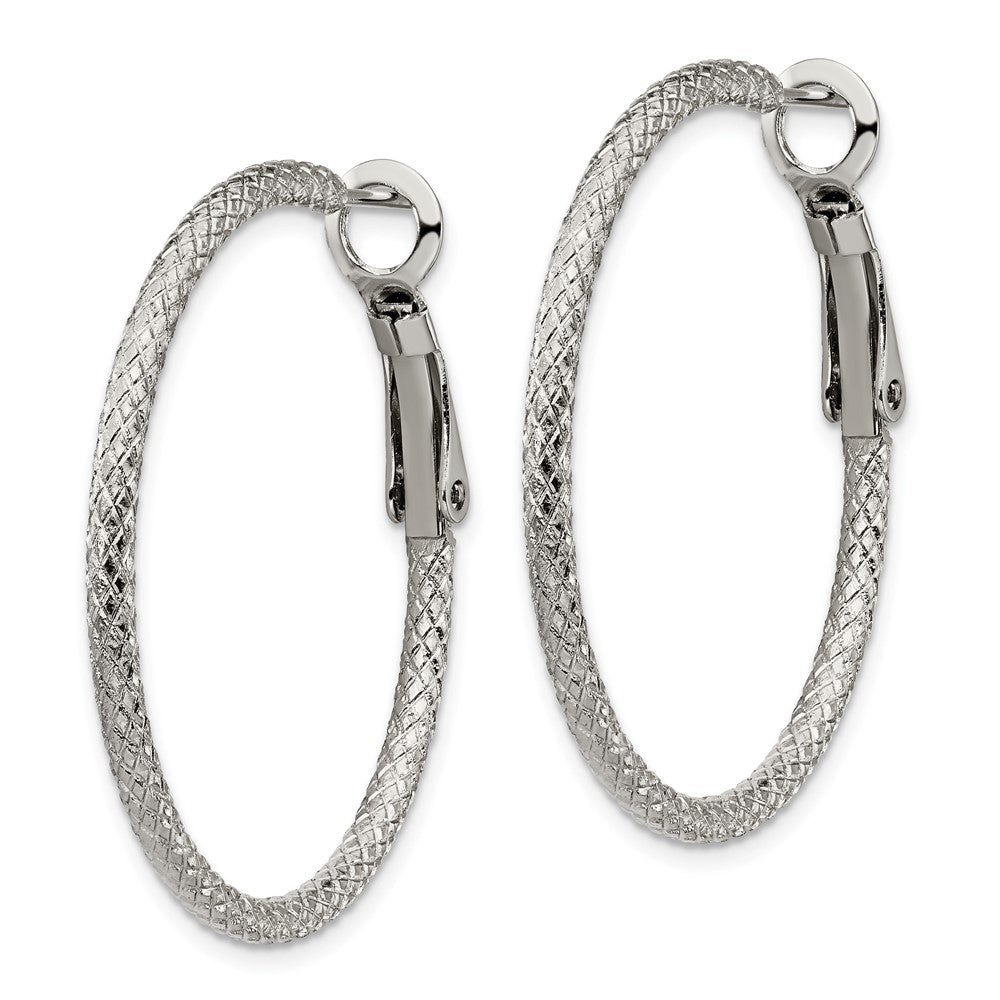 Stainless Steel Polished and Textured 2mm Omega Back Hoop Earrings
