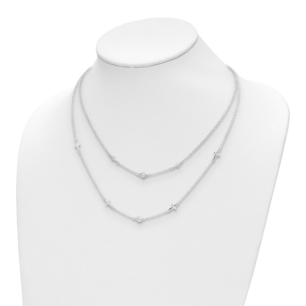 Sterling Silver Rhod-pl CZ Cross Multi-strand w/ 2in ext. Necklace