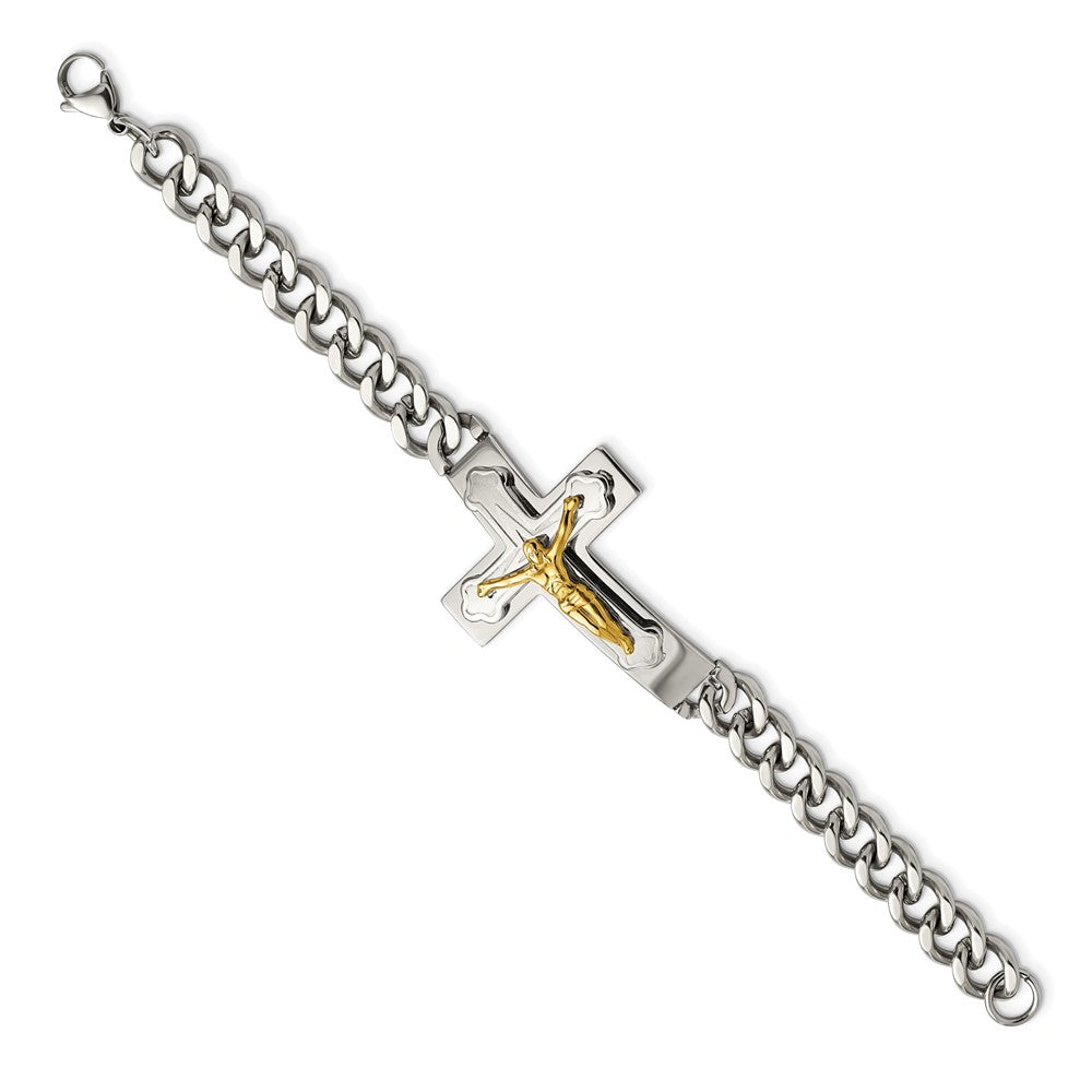 Stainless Steel Polished Yellow IP-plated Crucifix 8in Bracelet 8 inches