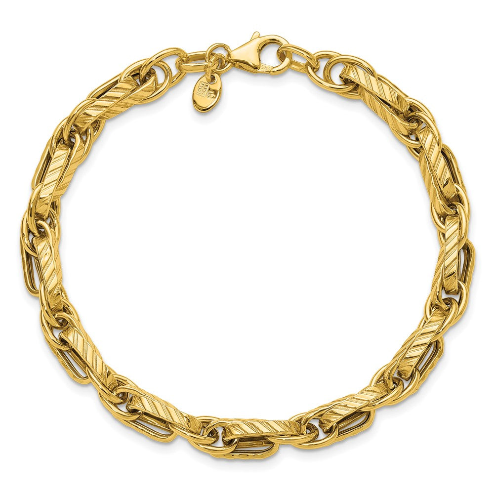14K Polished and Grooved Fancy Link Bracelet 7.75  inches