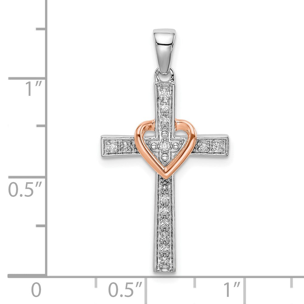 14k Two Tone Rose and White Gold 1/8 carat Lab Grown Diamond VS/SI+ G+ Cross with Heart Pendant