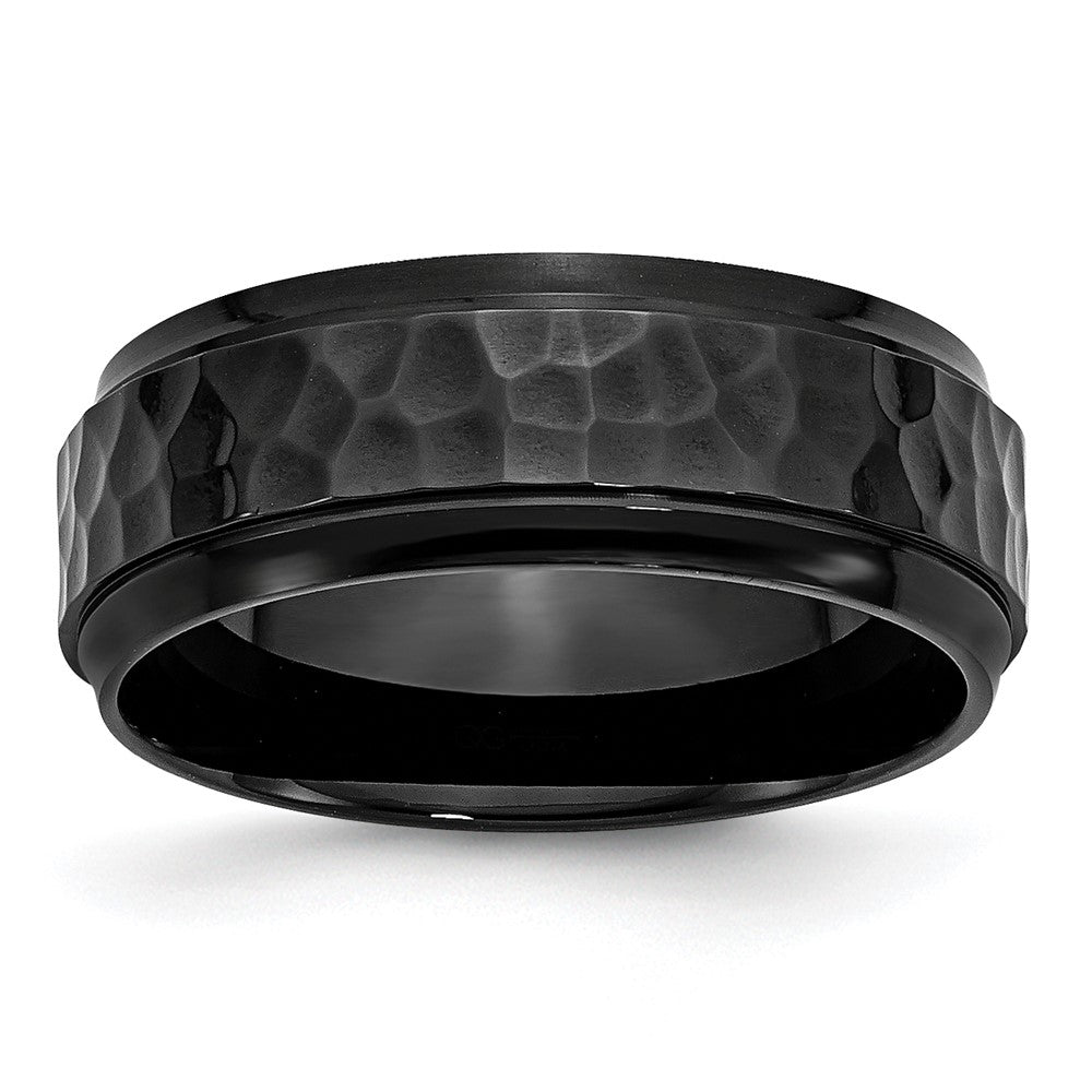 Stainless Steel Polished/Hammered Black IP-plated 8mm Beveled Edge Band Size - 13