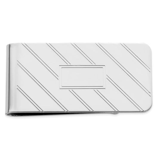 Rhodium-plated Kelly Waters Etched Diagonal Lines with Engravable Area Money Clip QGL8757