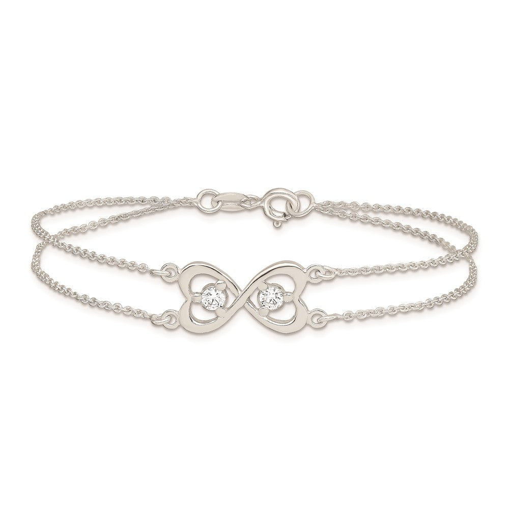Sterling Silver Polished CZ Heart Two-strand Bracelet 7.5 inches