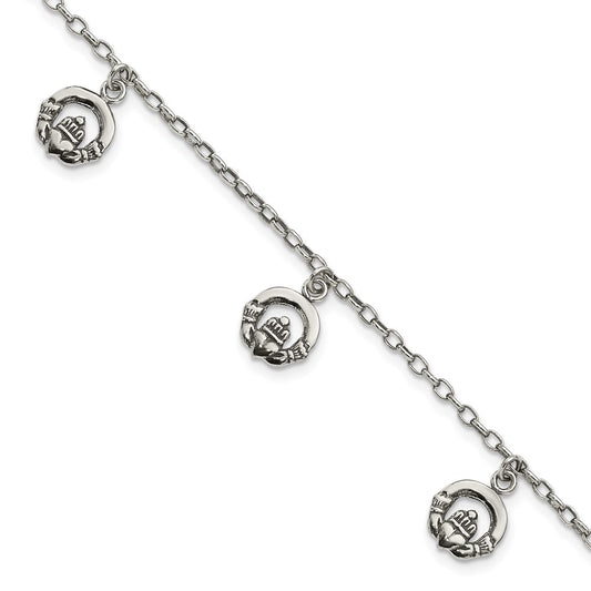 Sterling Silver Antiqued Claddagh Bracelet 7 inches