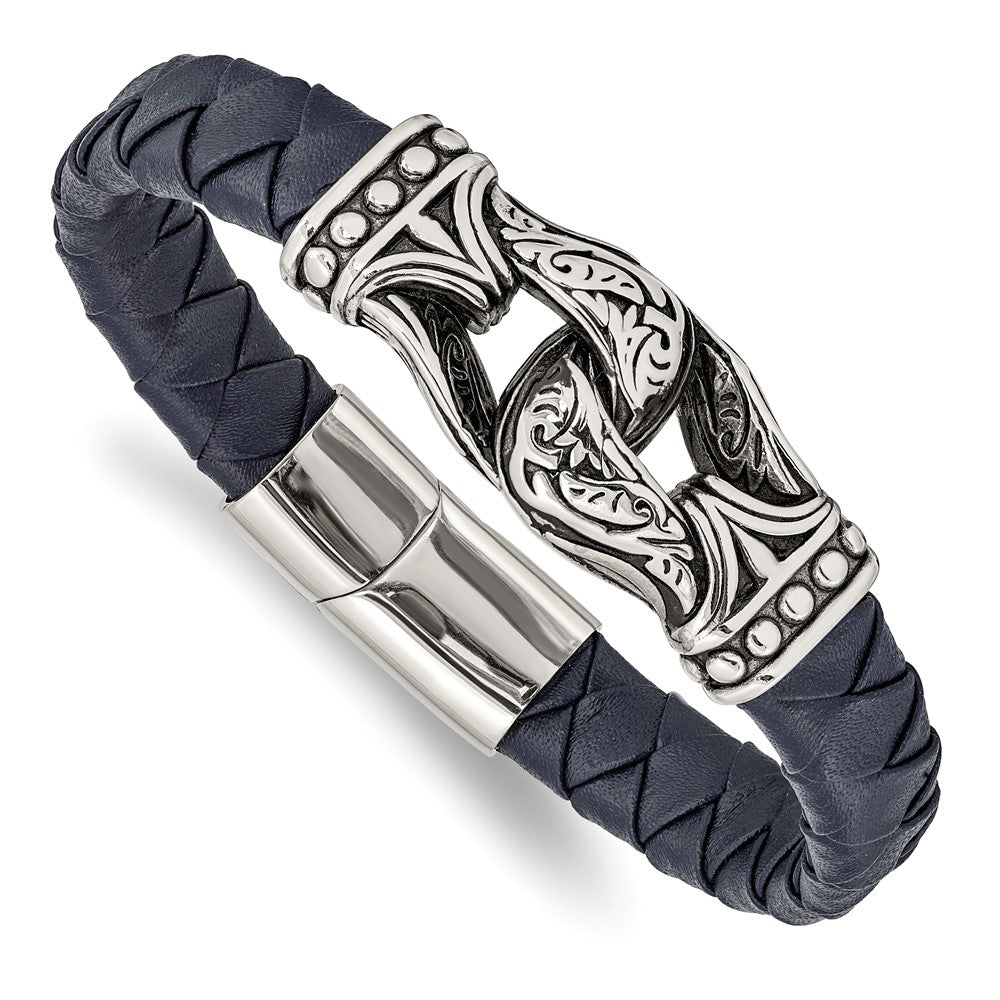Stainless Steel Antiqued and Polished Blue Leather 8.75in Bracelet 8.75 inches