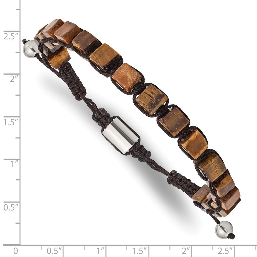 Stainless Steel Polished with Tiger's Eye Macrame Adjustable Bracelet 8.5 inches