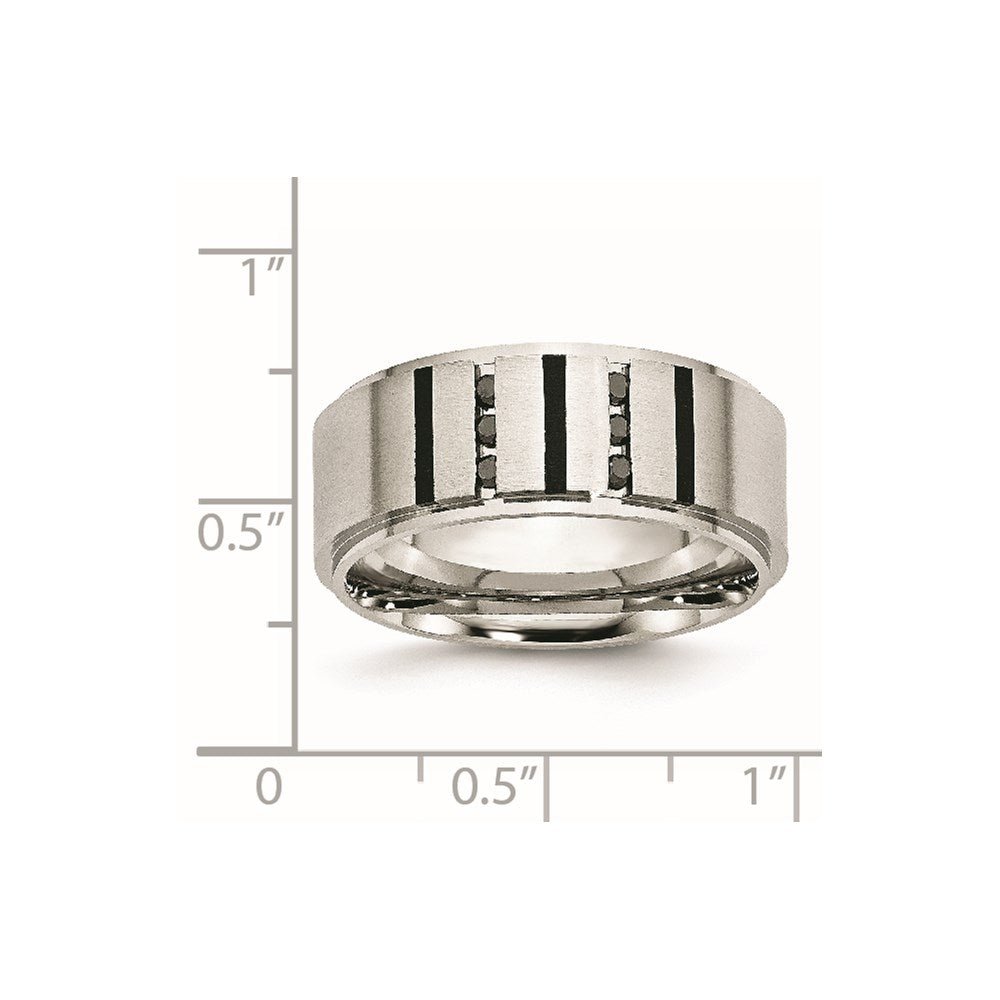Stainless Steel Brushed Center Black IP-plated 1/6ct Diamond 9mm Band Size - 8
