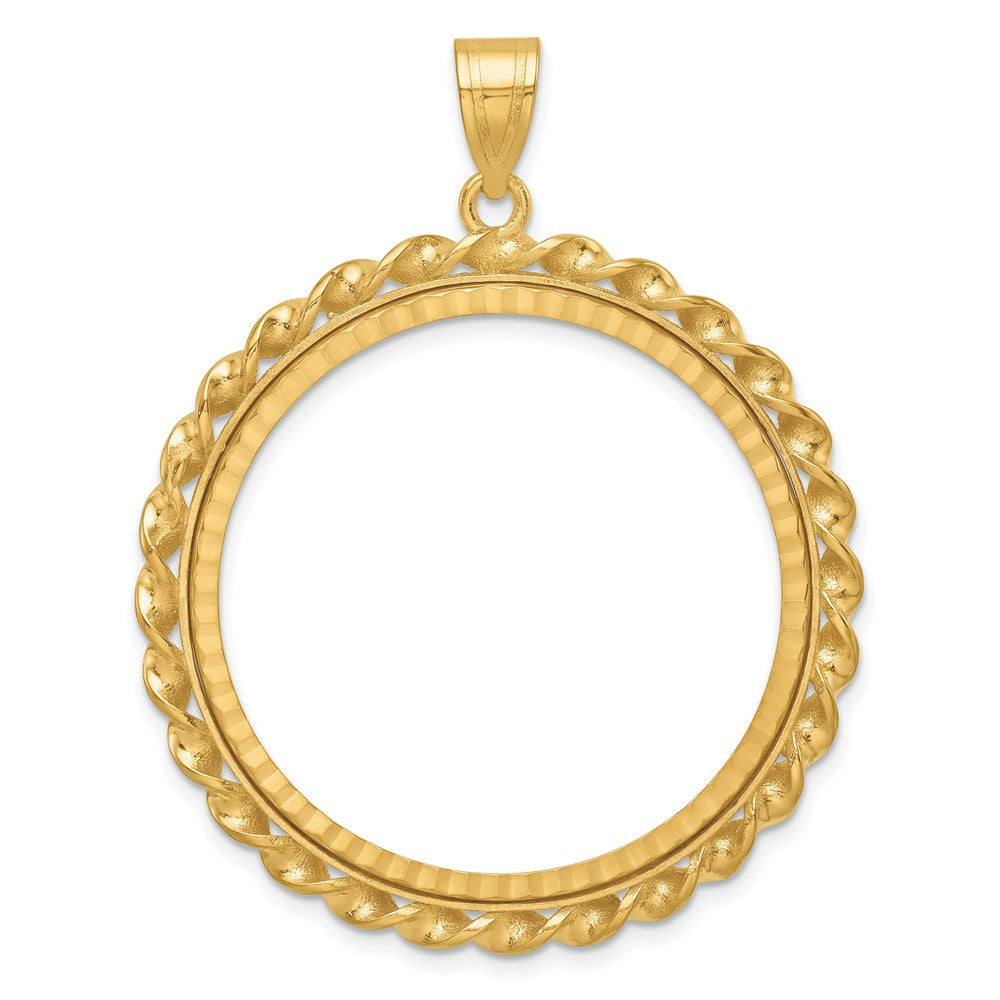 Wideband Distinguished Coin Jewelry 14k Polished Diamond-cut and Wide Twisted Wire 32.7mm Prong Coin Bezel Pendant