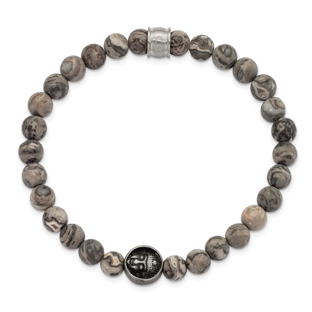 Stainless Steel Brushed Antiqued Map Stone Buddha Stretch Bracelet