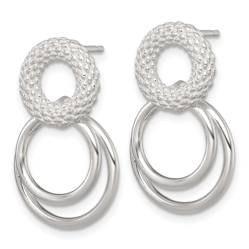 Sterling Silver Polished and Textured Double Circle Dangle Post Earrings