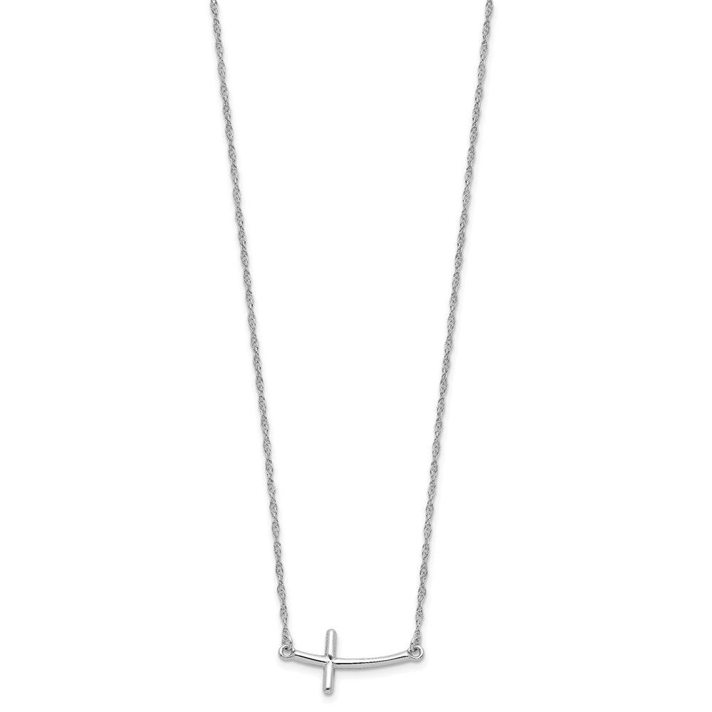Sterling Silver Rhodium-plated Large Sideways Curved Cross Necklace 18 Inches