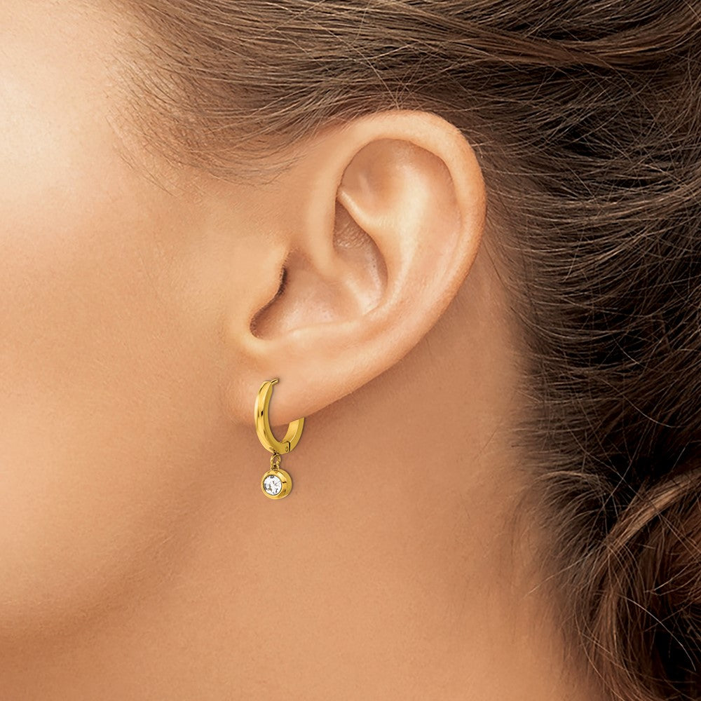 Stainless Steel Polished Yellow IP-plated CZ Dangle Hoop Earrings