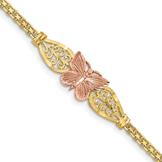 14K Two-tone Polished & D/C Butterfly Bracelet 7  inches