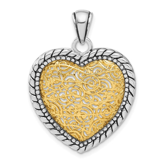 Sterling Silver Antiqued Gold-tone Vermeil Heart Pendant