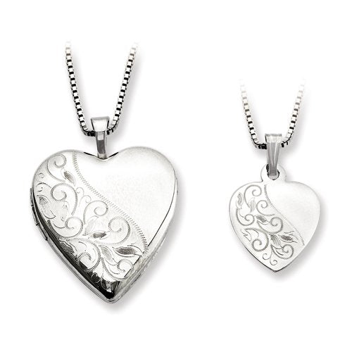 Sterling Silver Rhodium-plated Polished & Satin Back Swirl Design Mother 18in Locket & Daughter 14in Pendant Necklace Set