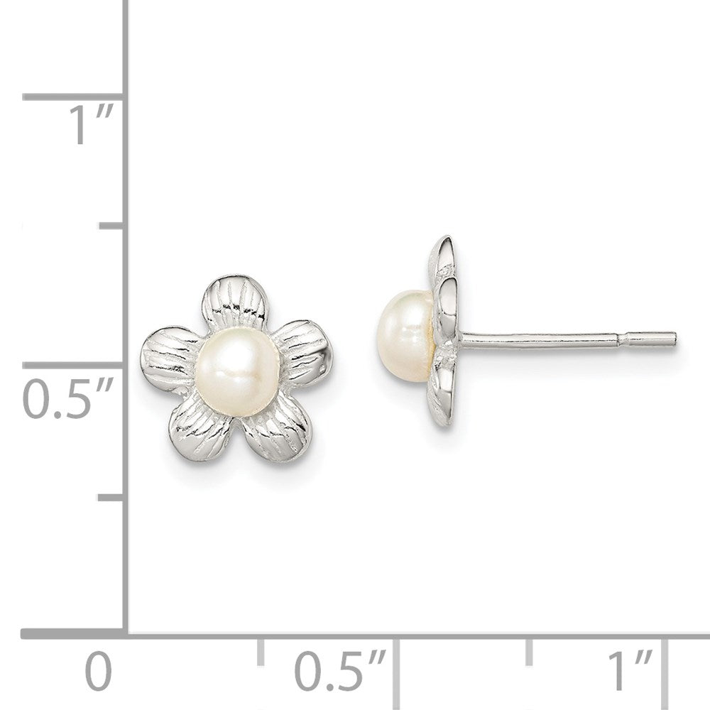 Sterling Silver Polished & Textured Sim. Pearl Flower Post Earrings