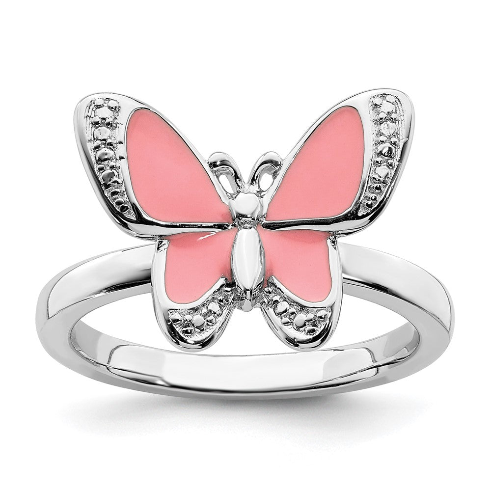 Sterling Silver Stackable Expressions Pink Enamel Butterfly Ring Size -5