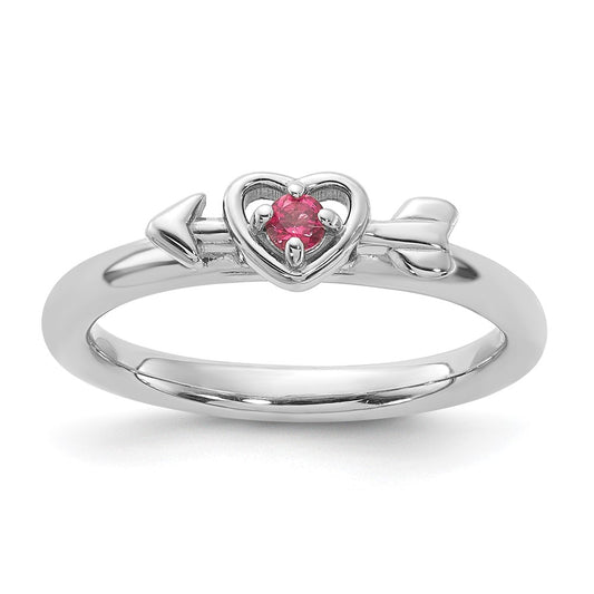 Sterling Silver Stackable Expressions Rhodium-plated Pink Tourmaline Heart with Arrow Ring Size -5