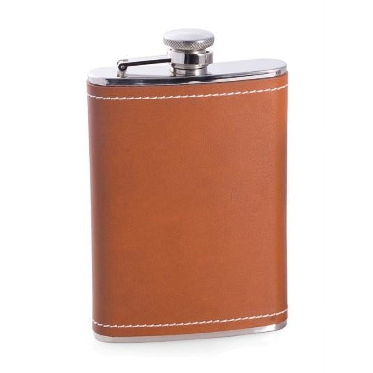 Bey-Berk International FS148 8 oz Stainless Steel Saddle Brown Leather White Stitch Flask with Captive Cap & Durable Rubber Seal