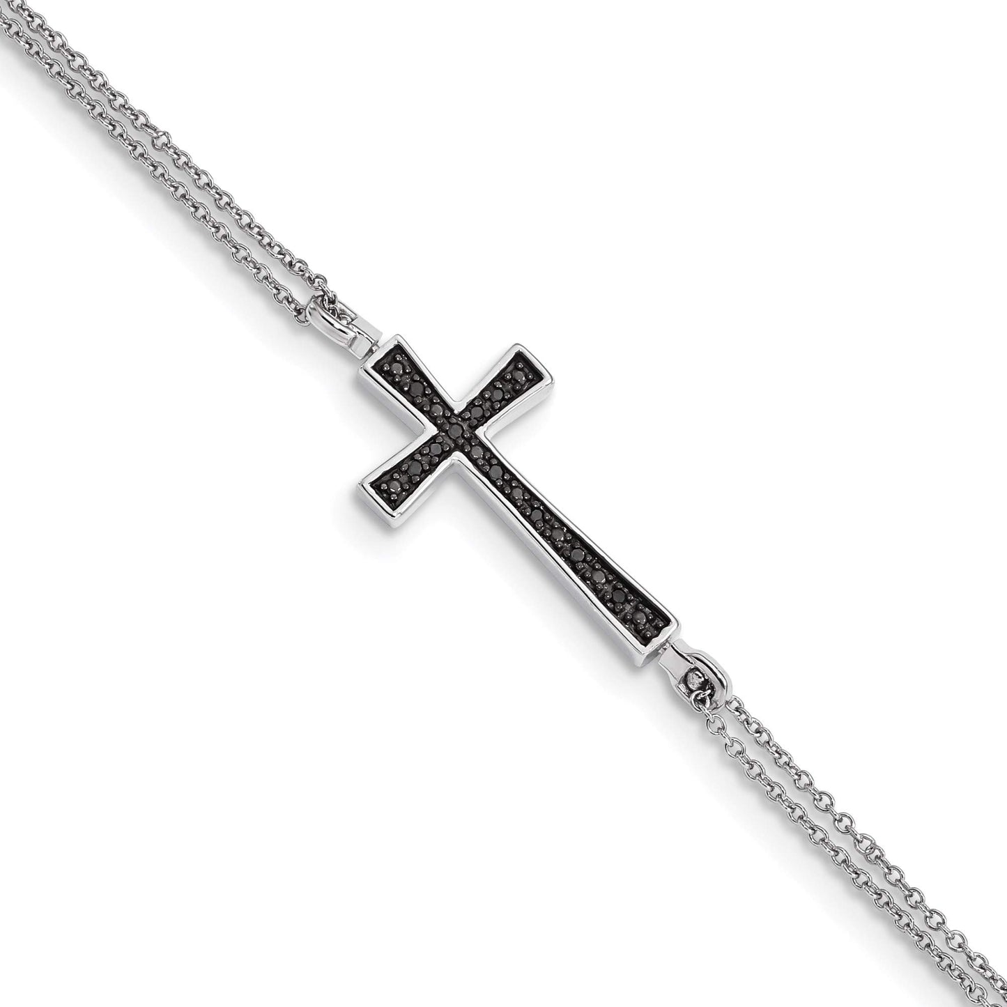 Sterling Silver Rhod 0.1ct. Blk & Wht Dia. Rvsble Cross 2 Strand Bracelet 6.5 inches
