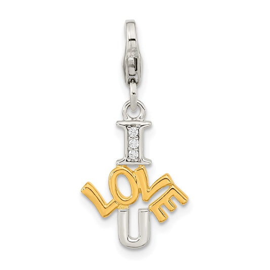 Amore La Vita Sterling Silver Rhodium-plated and Gold-plated Polished CZ I LOVE U Charm with Fancy Lobster Clasp