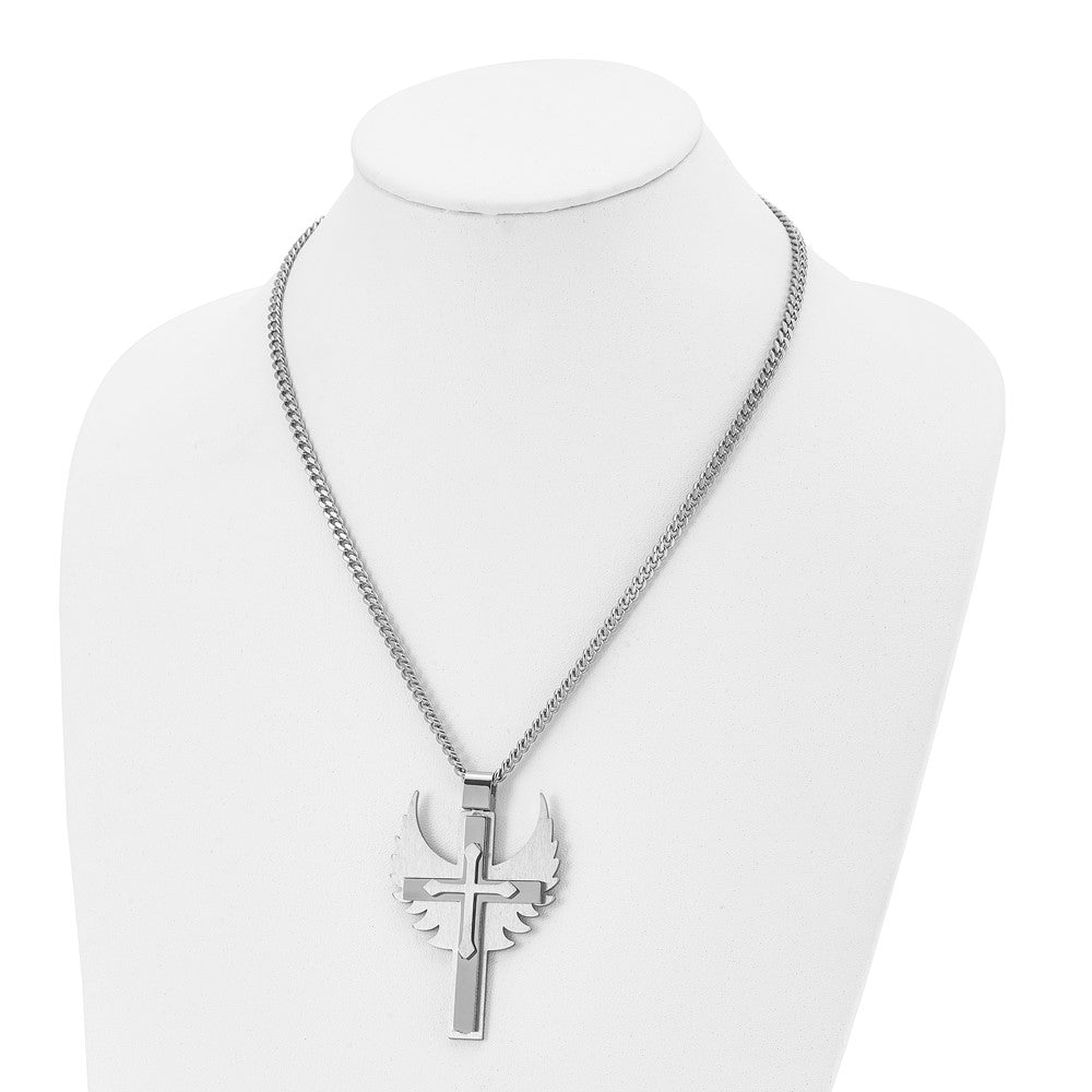 Stainless Steel Brushed and Polished Cross with Wings 20in Necklace