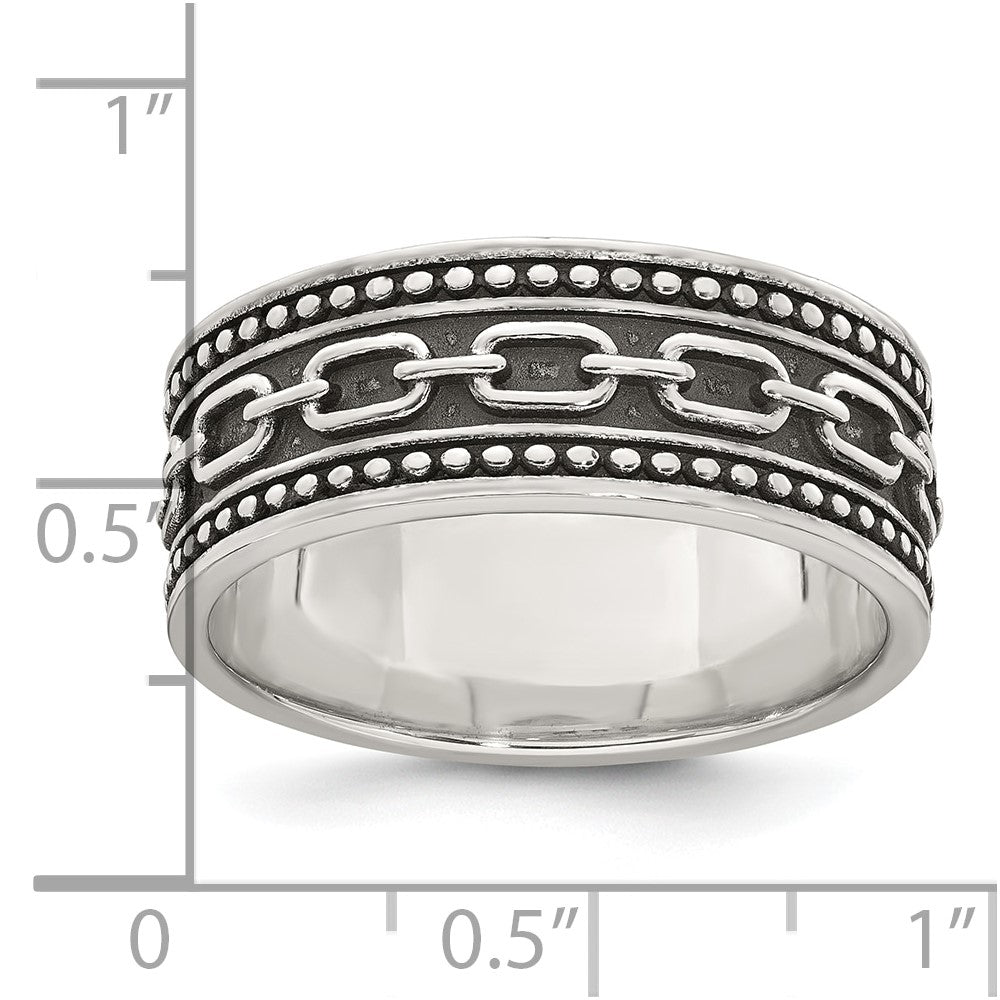 Sterling Silver Polished Beaded Antiqued Chain Link Band Size 9 Mens Ring